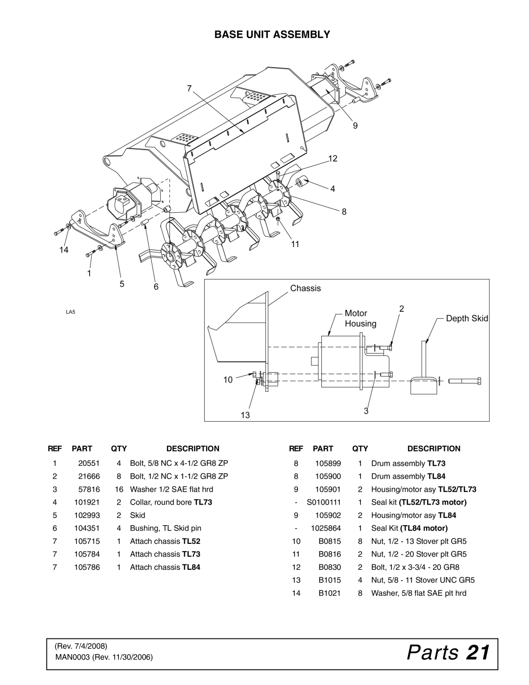 Woods Equipment TL52, TL73 manual Base Unit Assembly, Seal Kit TL84 motor 