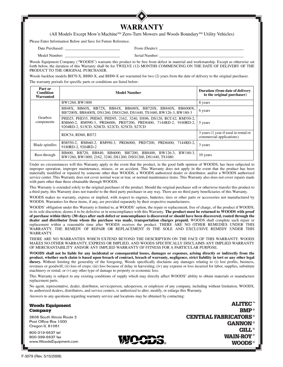 Woods Equipment TL84, TL52, TL73 manual Warranty 