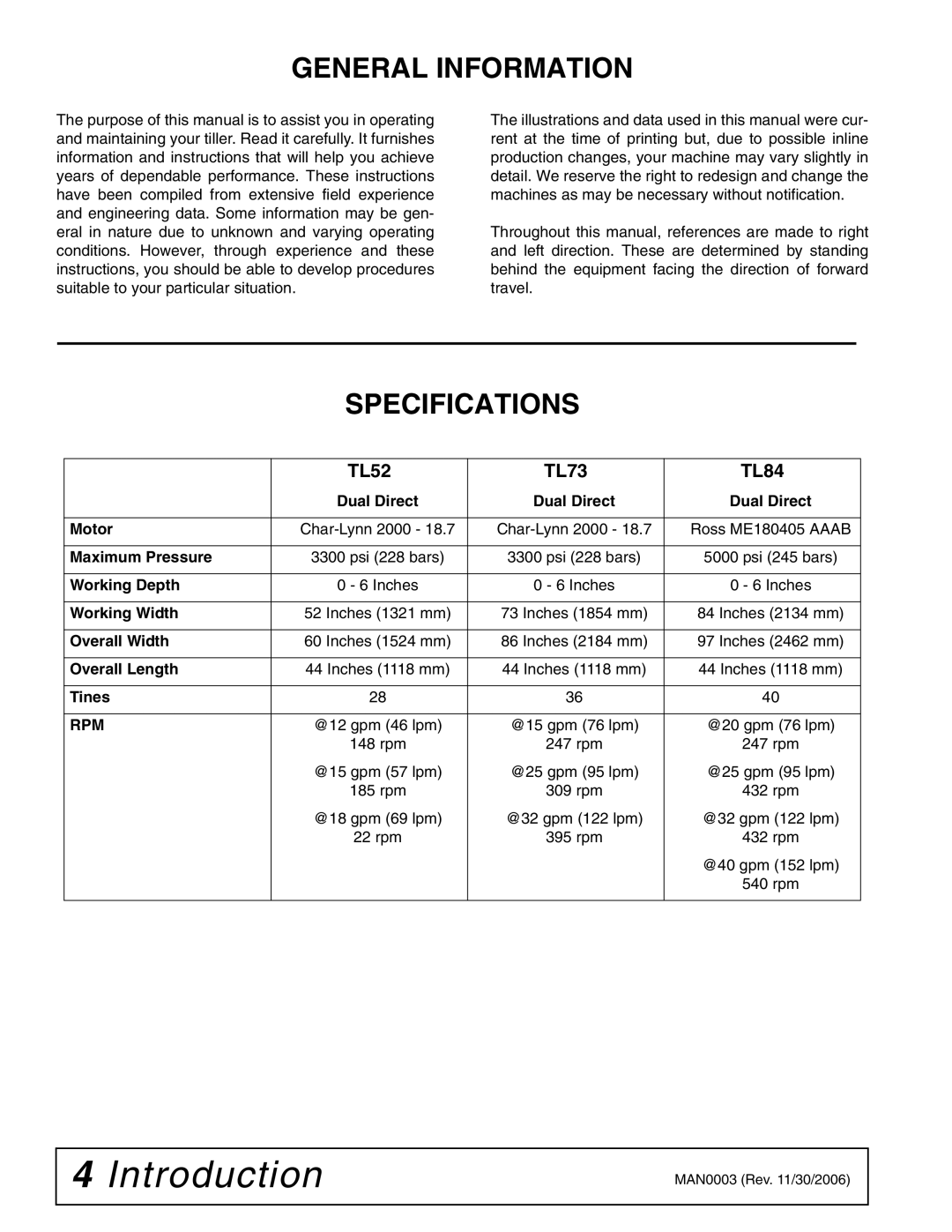 Woods Equipment TL73, TL52, TL84 manual General Information, Specifications, Rpm 