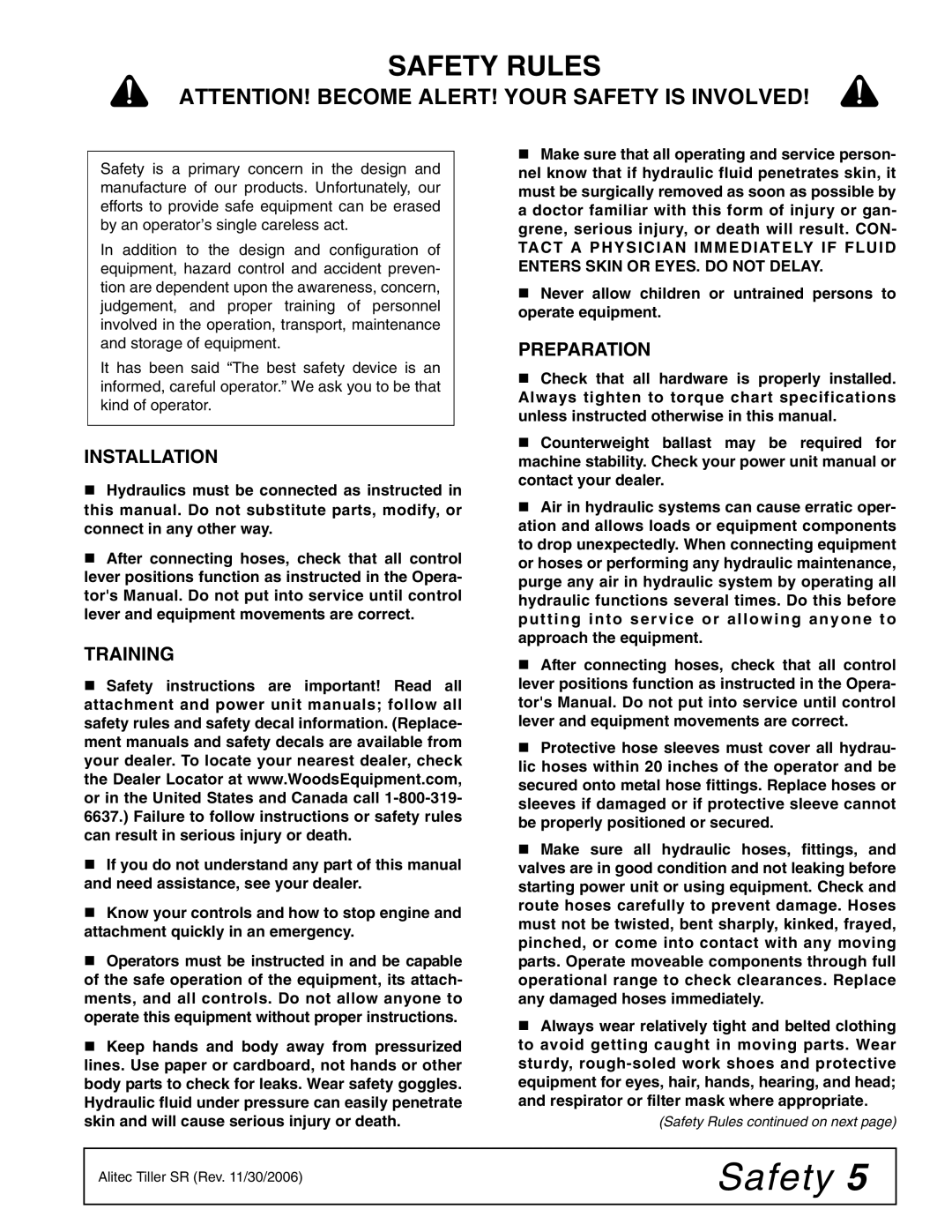 Woods Equipment TL84, TL52, TL73 manual Safety Rules, Installation, Preparation, Training 