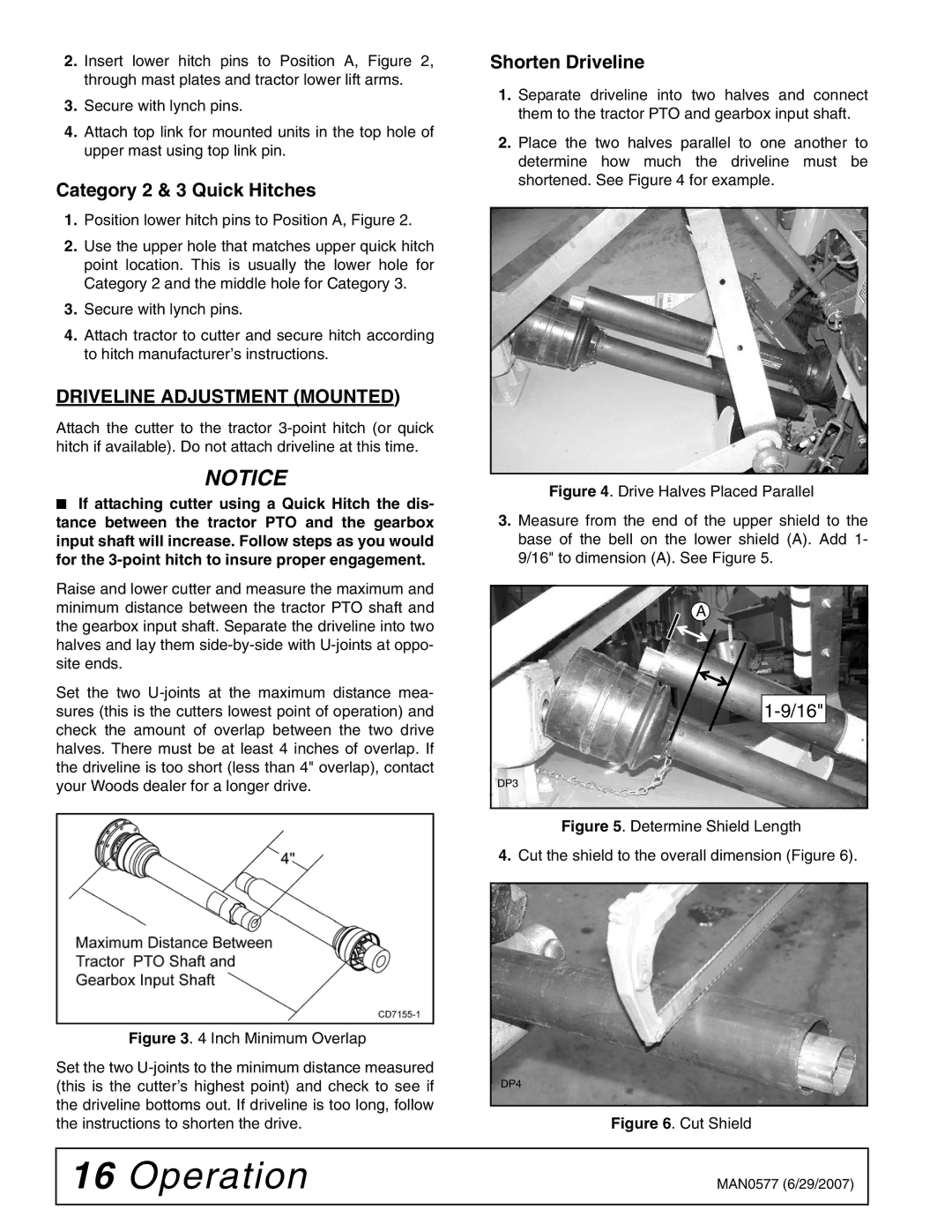 Woods Equipment TS1680Q manual Category 2 & 3 Quick Hitches, Driveline Adjustment Mounted, Shorten Driveline 