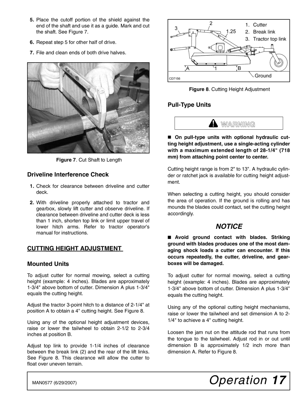 Woods Equipment TS1680Q manual Driveline Interference Check, Cutting Height Adjustment, Mounted Units, Pull-Type Units 