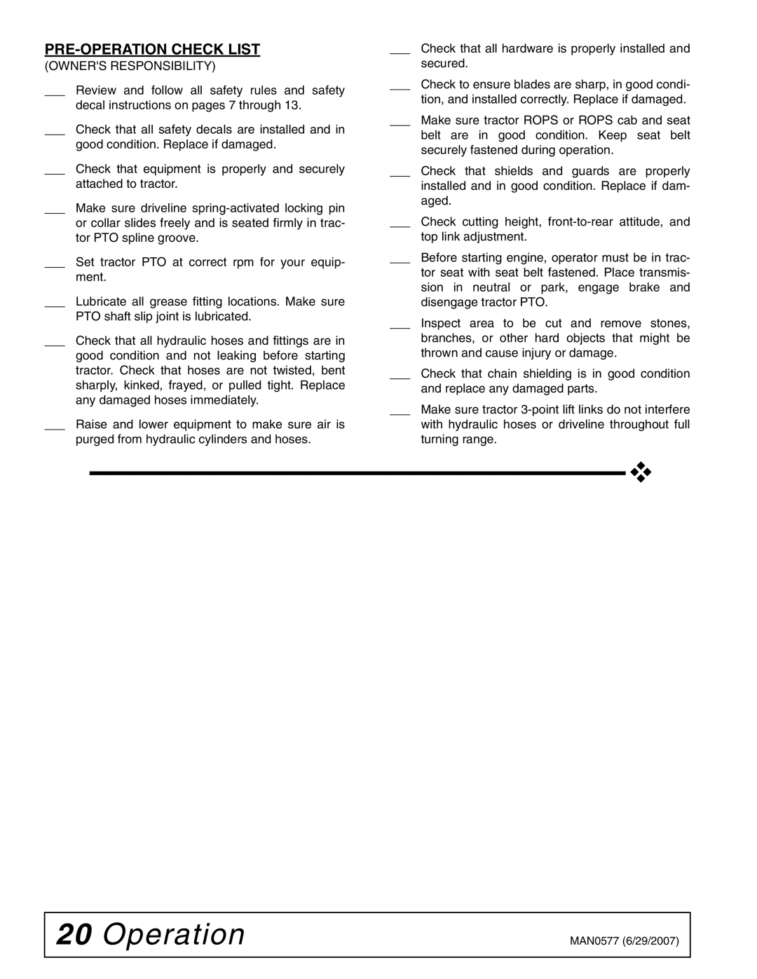 Woods Equipment TS1680Q manual PRE-OPERATION Check List, Owners Responsibility 