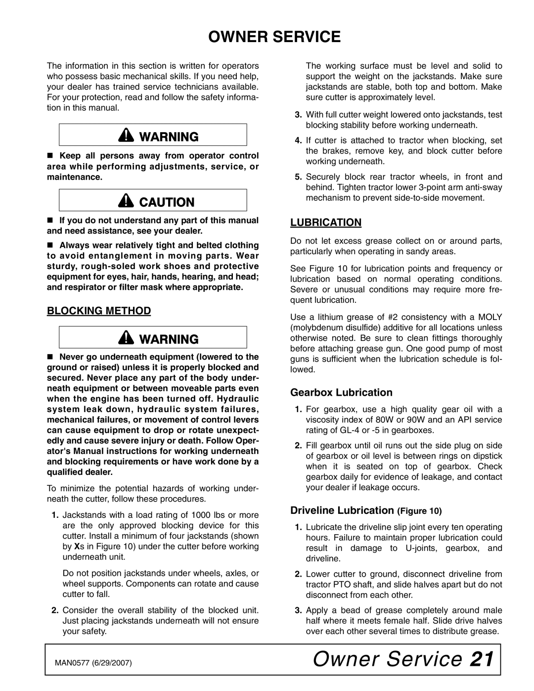 Woods Equipment TS1680Q manual Owner Service, Blocking Method, Gearbox Lubrication, Driveline Lubrication Figure 