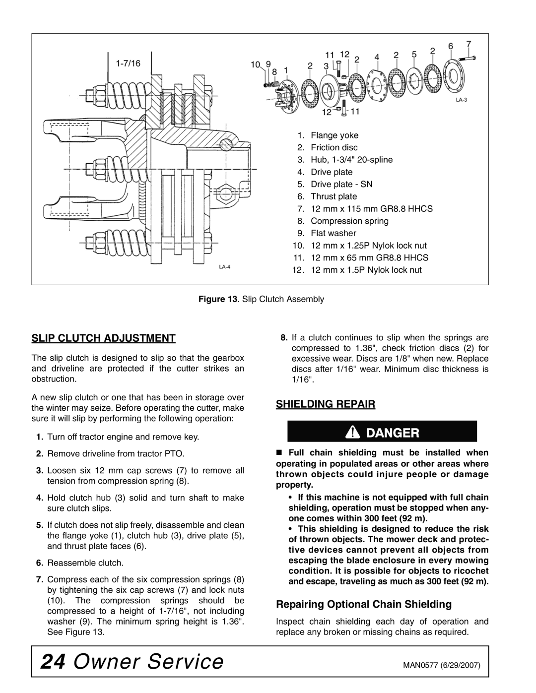 Woods Equipment TS1680Q manual Slip Clutch Adjustment, Shielding Repair, Repairing Optional Chain Shielding 