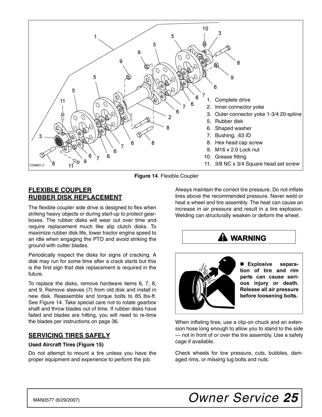 Woods Equipment TS1680Q manual Flexible Coupler Rubber Disk Replacement, Servicing Tires Safely 