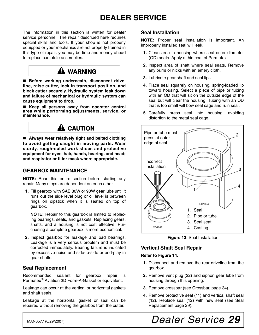 Woods Equipment TS1680Q manual Dealer Service, Gearbox Maintenance, Seal Replacement, Seal Installation 