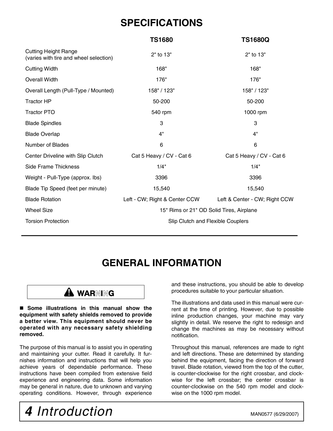 Woods Equipment TS1680Q manual Specifications, General Information 