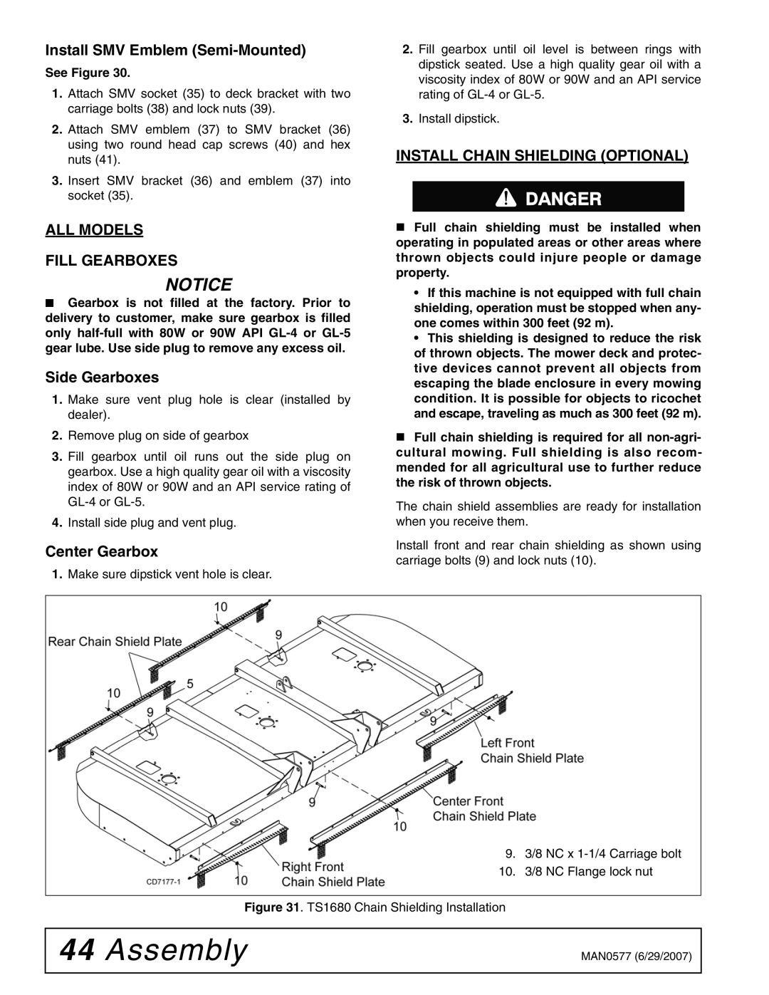 Woods Equipment TS1680Q manual Install SMV Emblem Semi-Mounted, ALL Models Fill Gearboxes, Side Gearboxes, Center Gearbox 