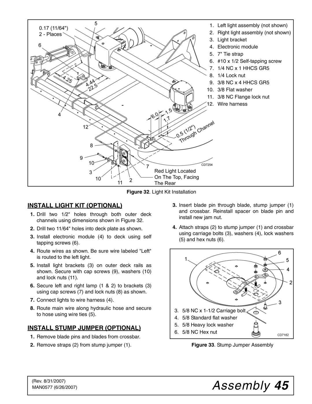 Woods Equipment TS1680Q manual Install Light KIT Optional, Install Stump Jumper Optional 