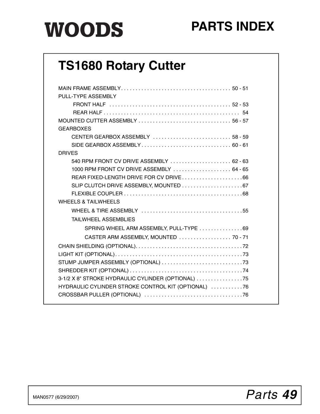 Woods Equipment TS1680Q manual Parts Index 