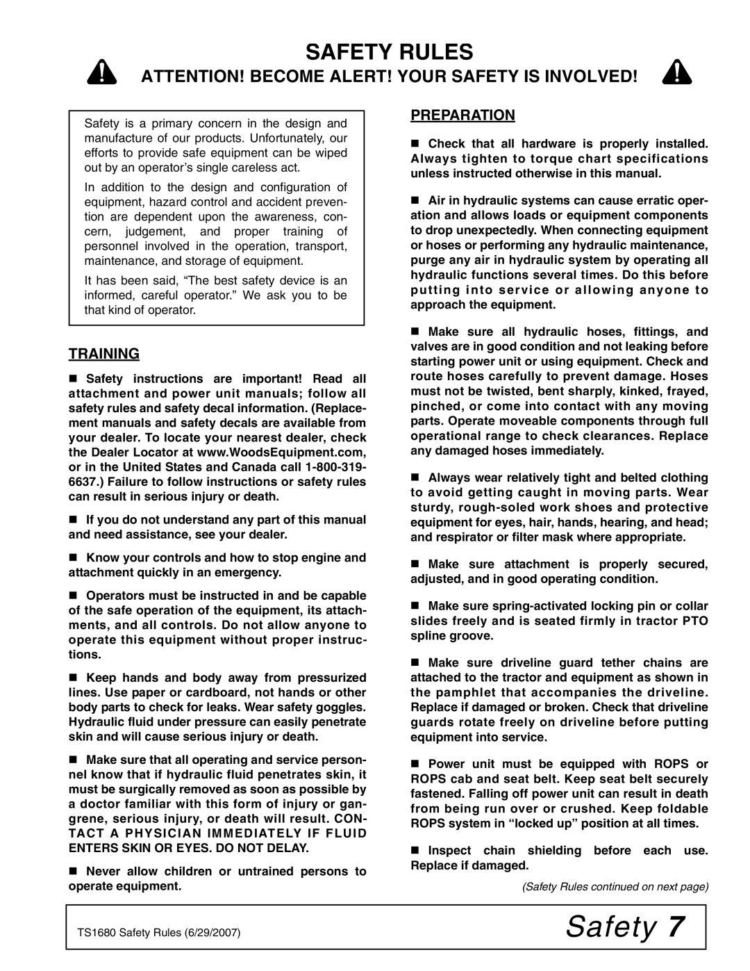 Woods Equipment TS1680Q manual Safety Rules, Training, Preparation 