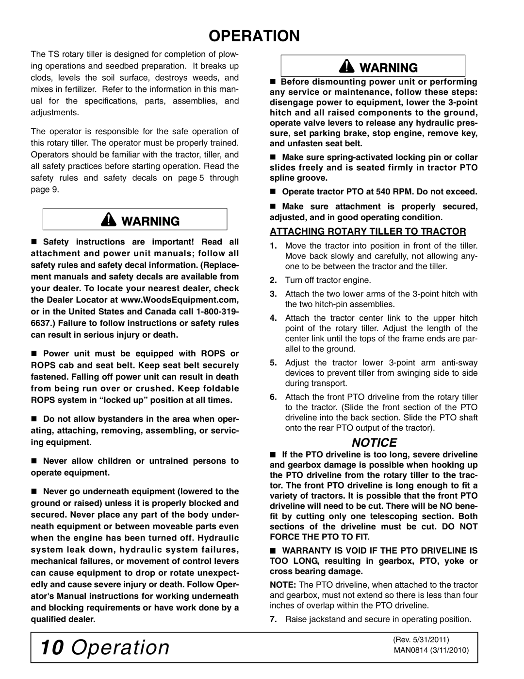 Woods Equipment TS52, TS44 manual Operation 