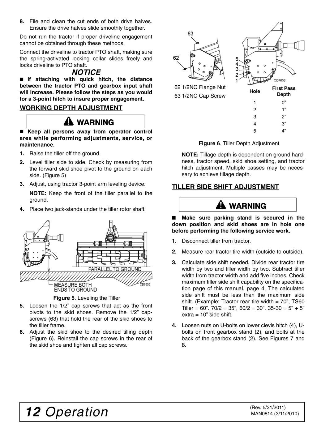 Woods Equipment TS52, TS44 manual Working Depth Adjustment, Tiller Side Shift Adjustment 