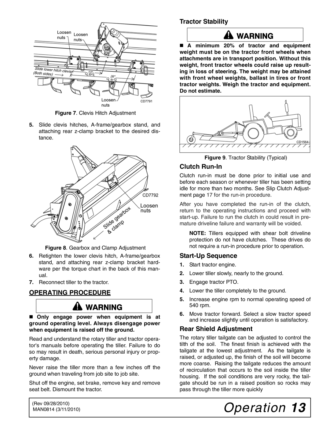 Woods Equipment TS44 Operating Procedure, Tractor Stability, Clutch Run-In, Start-Up Sequence, Rear Shield Adjustment 