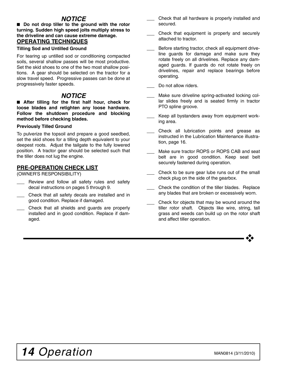 Woods Equipment TS52, TS44 manual Operating Techniques, PRE-OPERATION Check List 