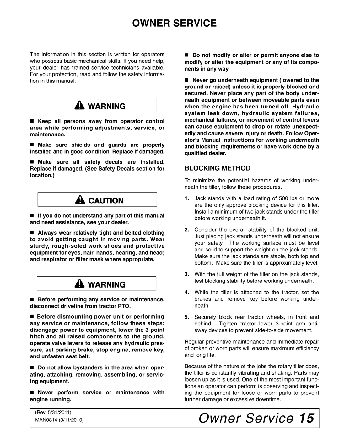 Woods Equipment TS44, TS52 manual Owner Service, Blocking Method 