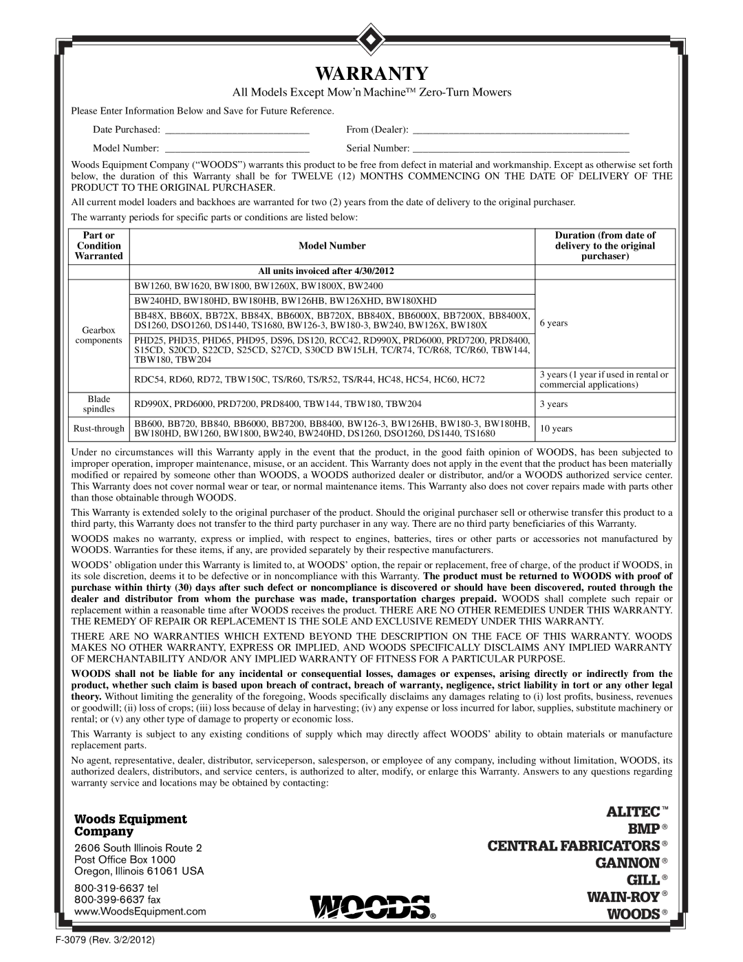 Woods Equipment TS44, TS52 manual Warranty 