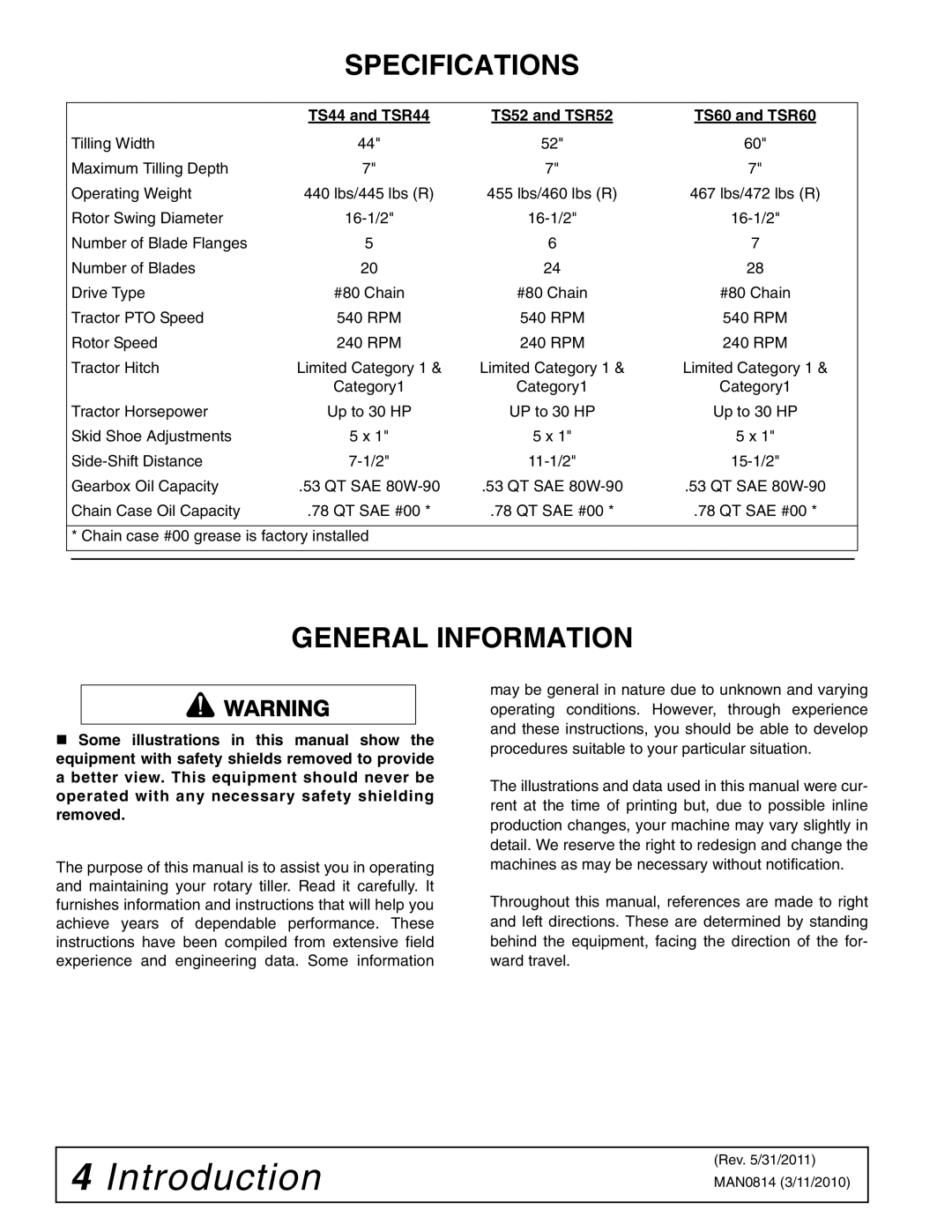 Woods Equipment TS52, TS44 manual Specifications, General Information 