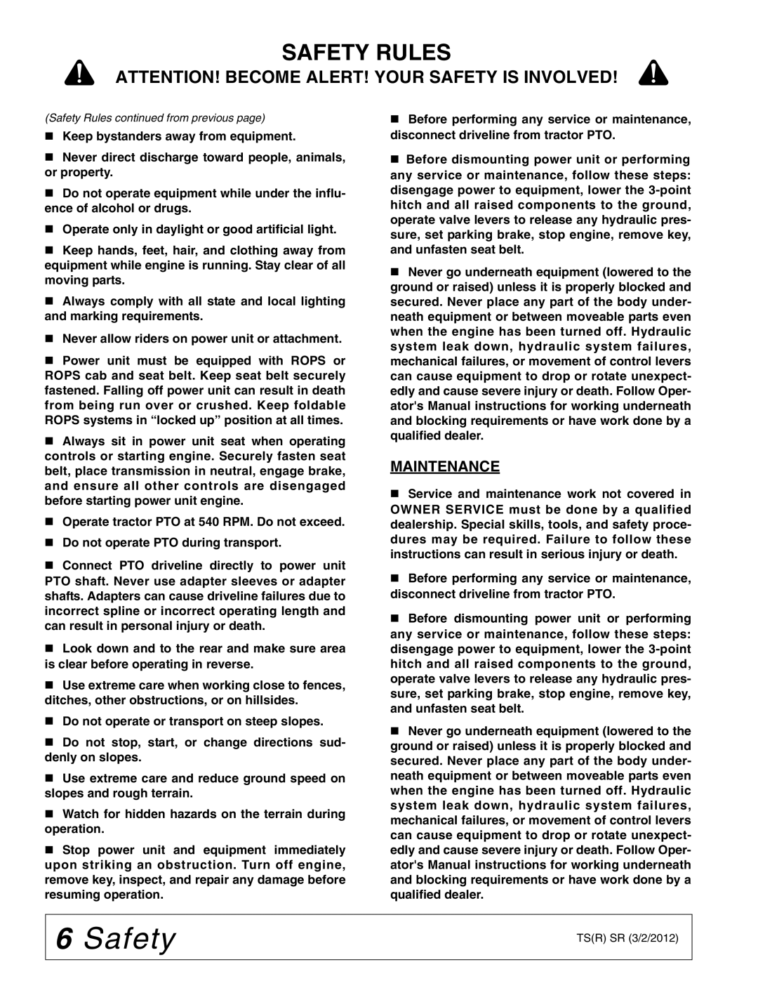 Woods Equipment TS52, TS44 manual Maintenance 