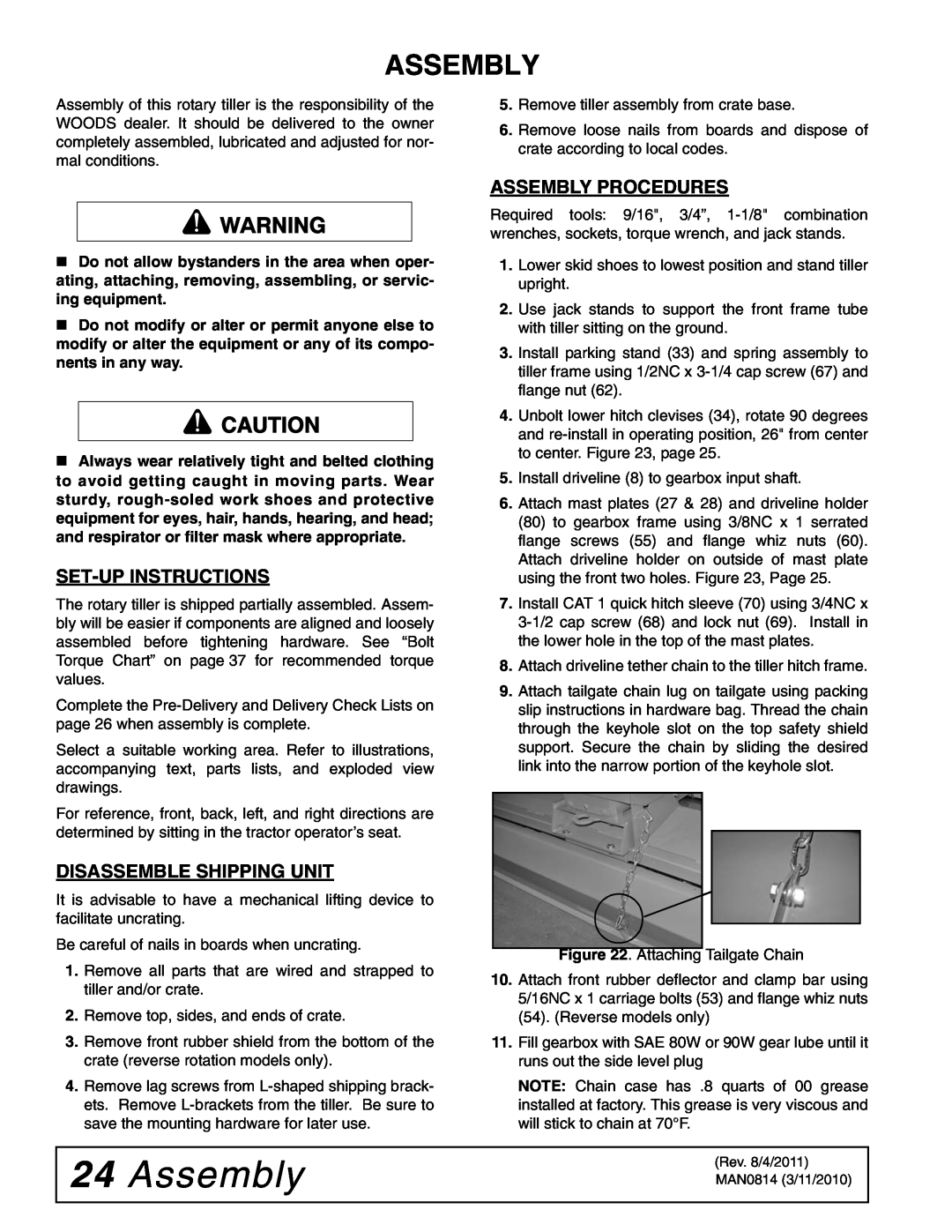 Woods Equipment TS52, TS44 manual Set-Up Instructions, Disassemble Shipping Unit, Assembly Procedures 