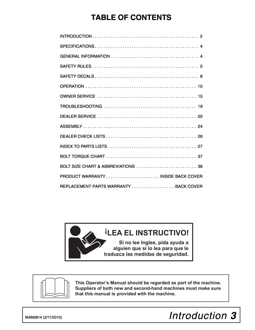 Woods Equipment TS44, TS52 manual Introduction, Table Of Contents, Lea El Instructivo 