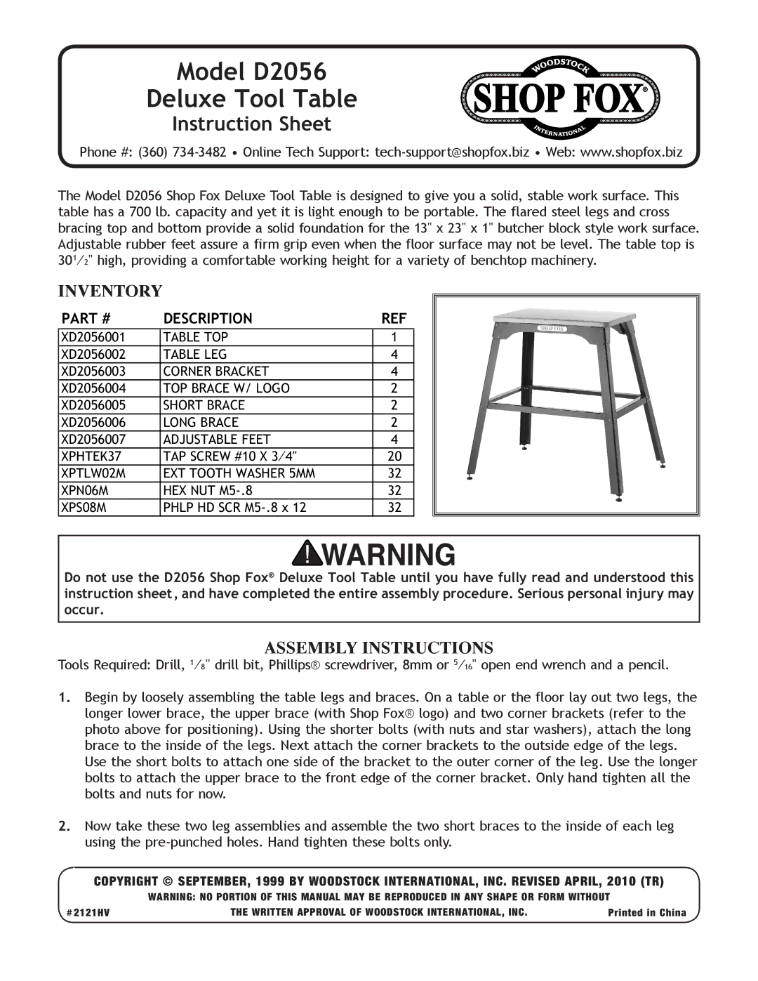 Woodstock instruction sheet Model D2056 Deluxe Tool Table, Instruction Sheet, Inventory, Assembly Instructions 