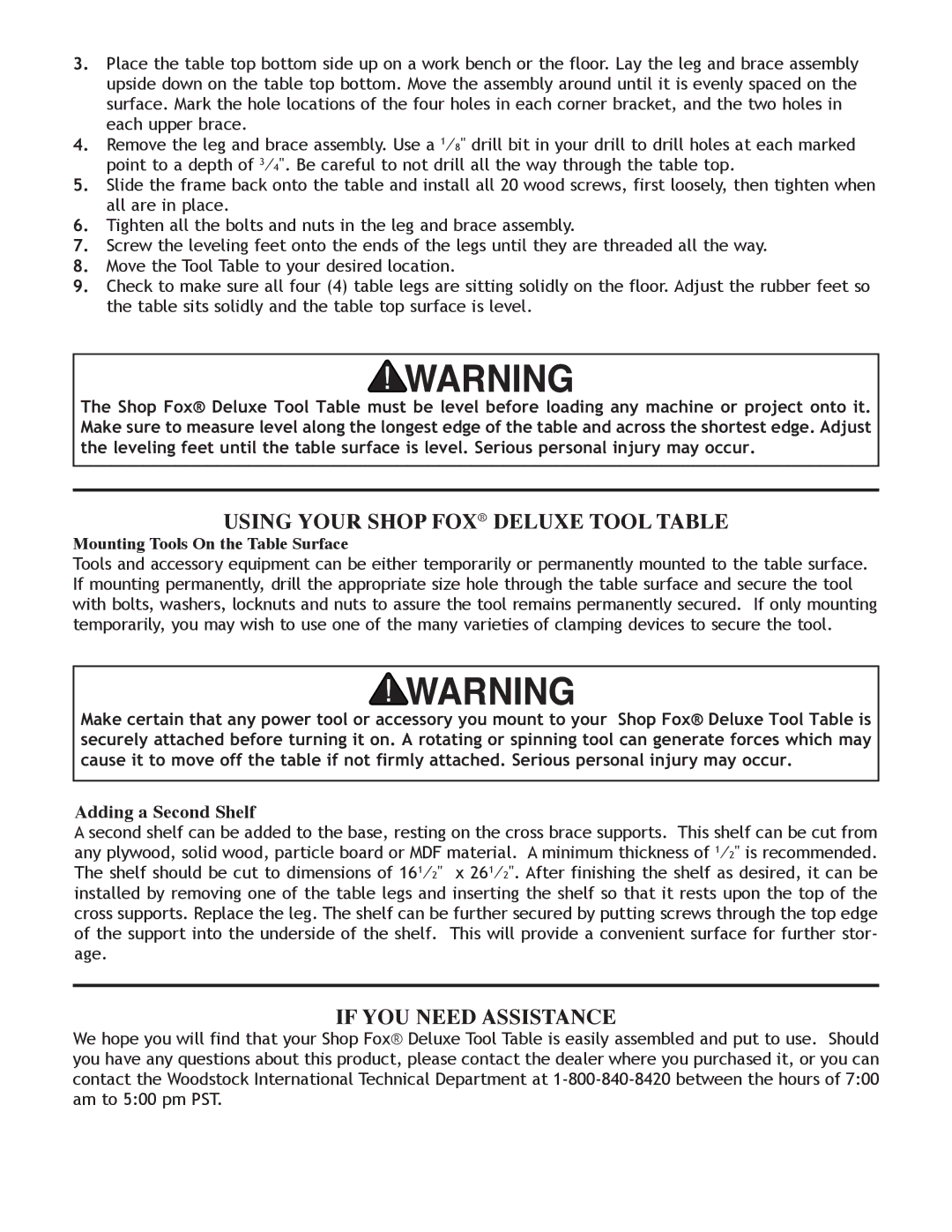 Woodstock D2056 instruction sheet Using Your Shop FOX Deluxe Tool Table, If YOU Need Assistance, Adding a Second Shelf 