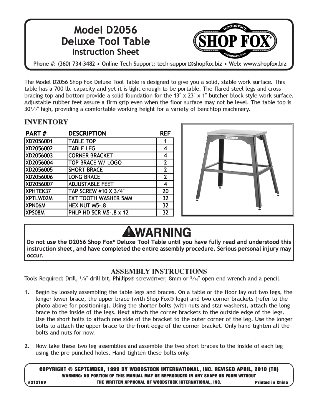 Woodstock instruction sheet Inventory, Assembly Instructions, Model D2056 Deluxe Tool Table, Instruction Sheet, Part # 