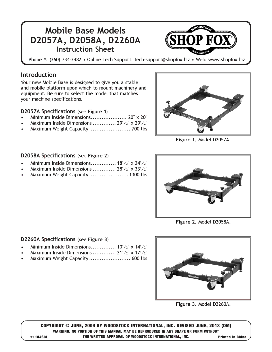 Woodstock instruction sheet Mobile Base Models D2057A, D2058A, D2260A, Introduction 