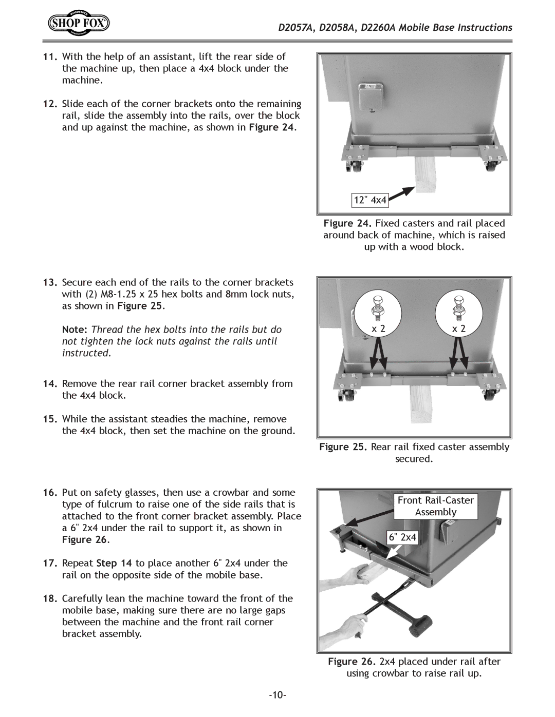 Woodstock D2058A, D2057A, D2260A instruction sheet Rear rail fixed caster assembly Secured 