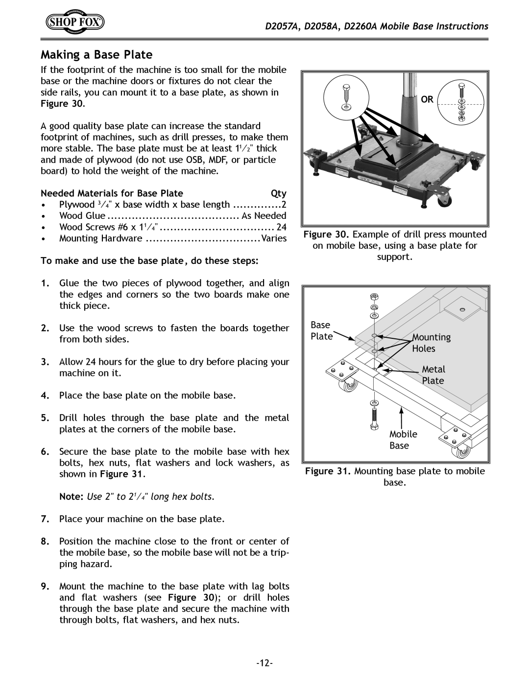 Woodstock D2057A, D2058A, D2260A instruction sheet Making a Base Plate, Needed Materials for Base Plate Qty 