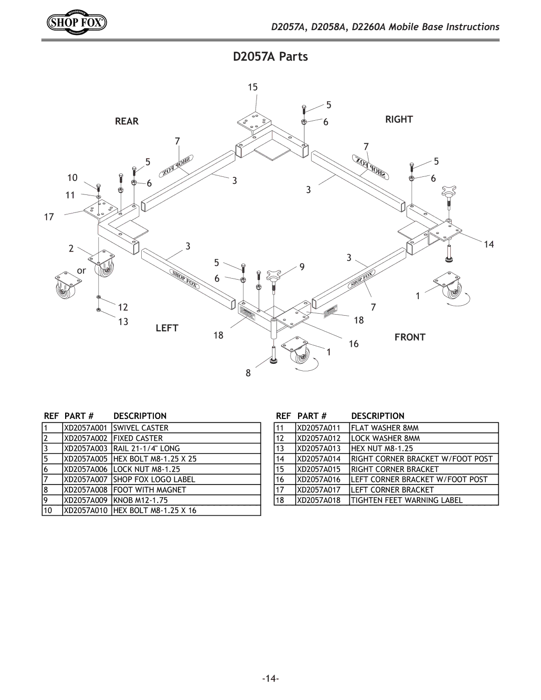 Woodstock D2260A, D2058A instruction sheet D2057A Parts, Rear 6RIGHT Left 