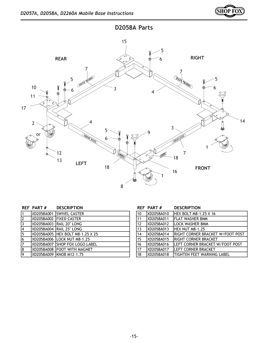 Woodstock D2057A, D2260A instruction sheet D2058A Parts, Rear 6RIGHT Left Front 