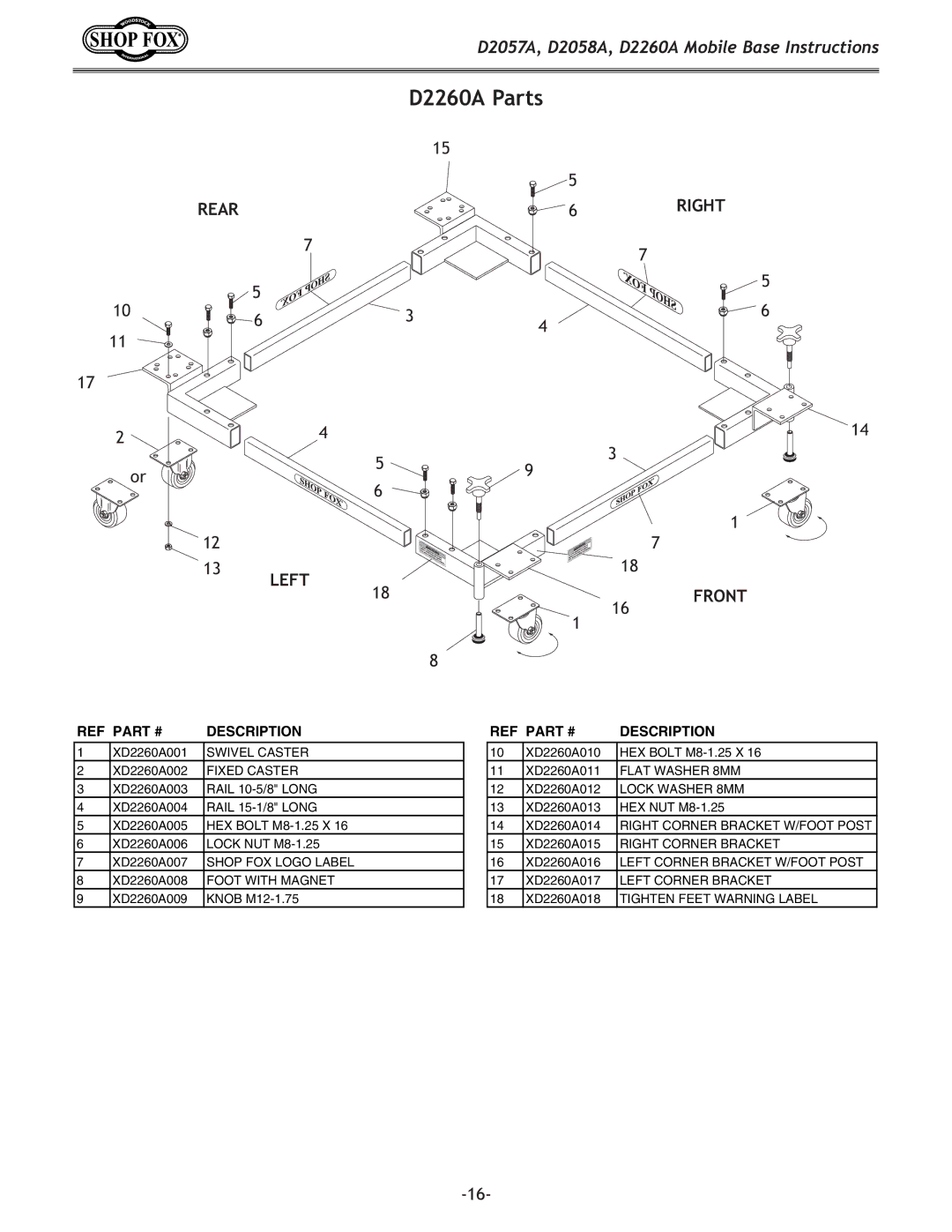 Woodstock D2058A, D2057A instruction sheet D2260A Parts, Description 