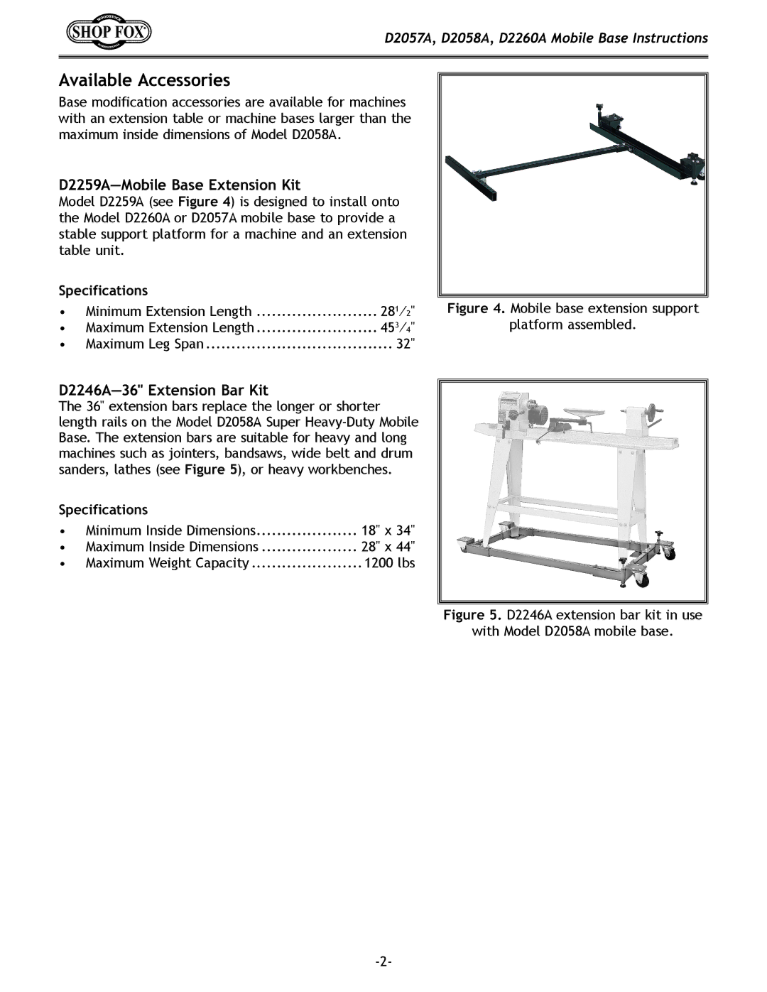 Woodstock D2260A, D2057A, D2058A instruction sheet Available Accessories, D2259A-Mobile Base Extension Kit 