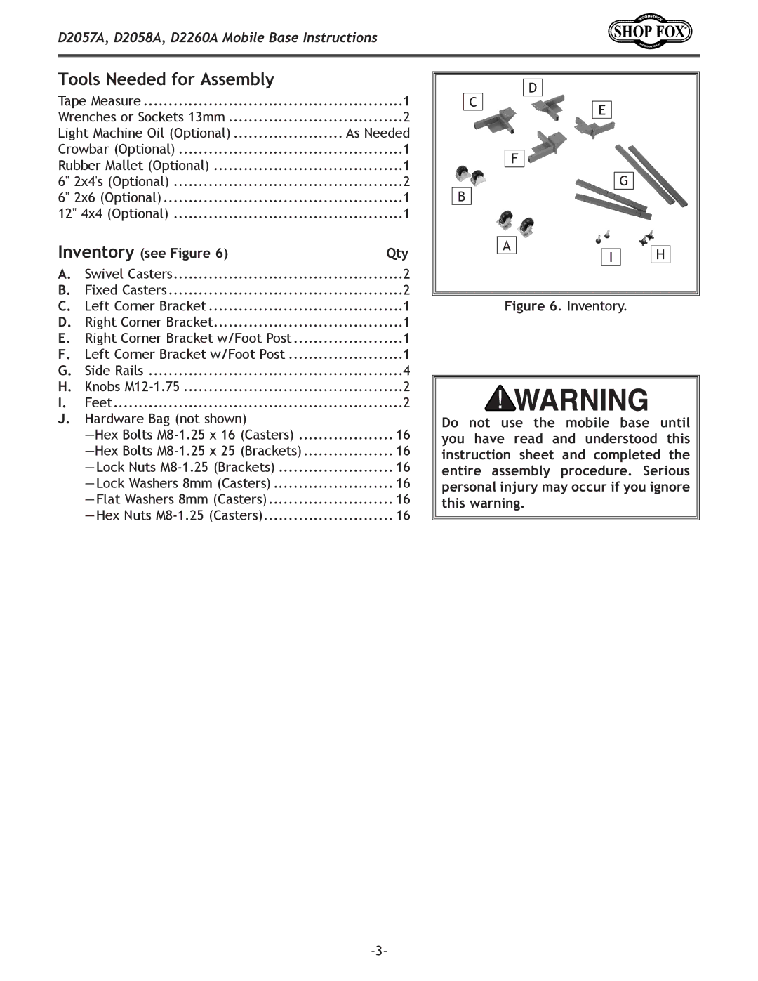 Woodstock D2057A, D2058A, D2260A instruction sheet Tools Needed for Assembly, Inventory see Figure Qty 