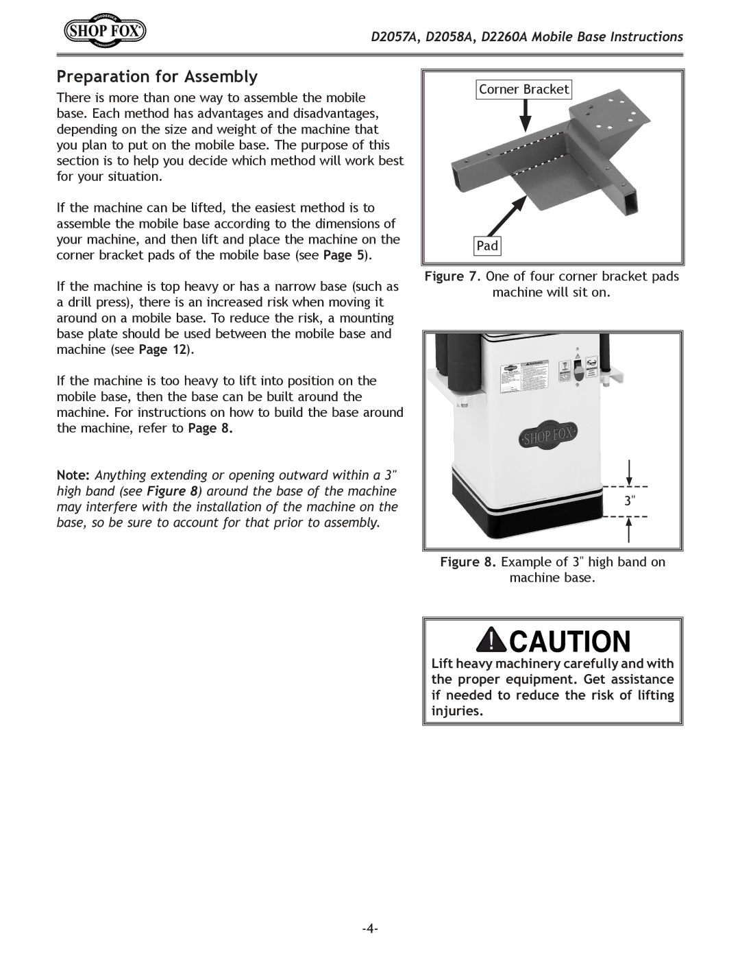 Woodstock D2058A, D2057A, D2260A Preparation for Assembly, One of four corner bracket pads Machine will sit on 