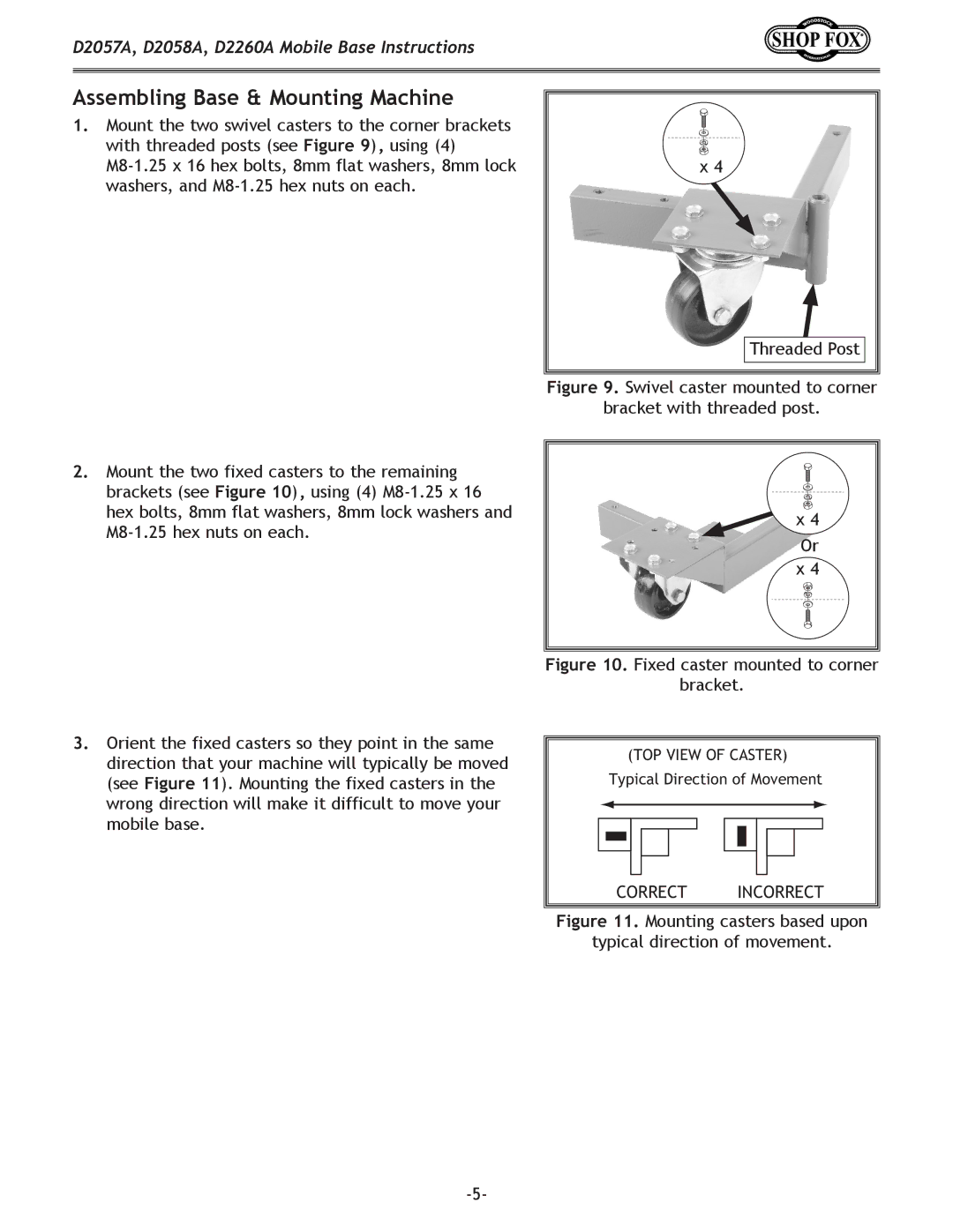 Woodstock D2260A, D2057A, D2058A instruction sheet Assembling Base & Mounting Machine, Fixed caster mounted to corner Bracket 