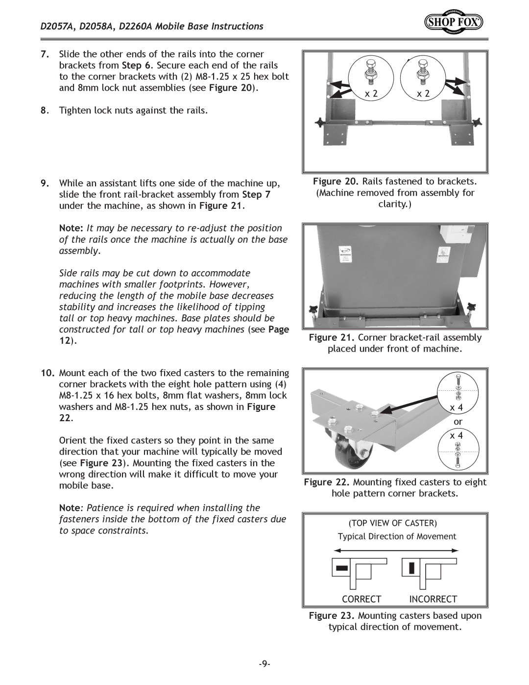 Woodstock D2057A, D2058A, D2260A instruction sheet Mounting fixed casters to eight Hole pattern corner brackets 