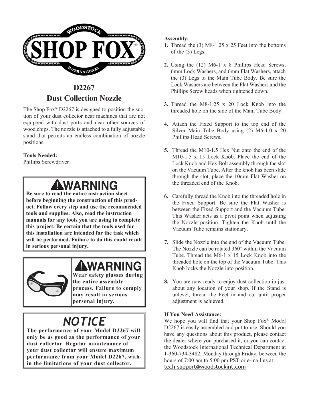 Woodstock instruction sheet D2267 Dust Collection Nozzle, Tools Needed, If You Need Assistance 