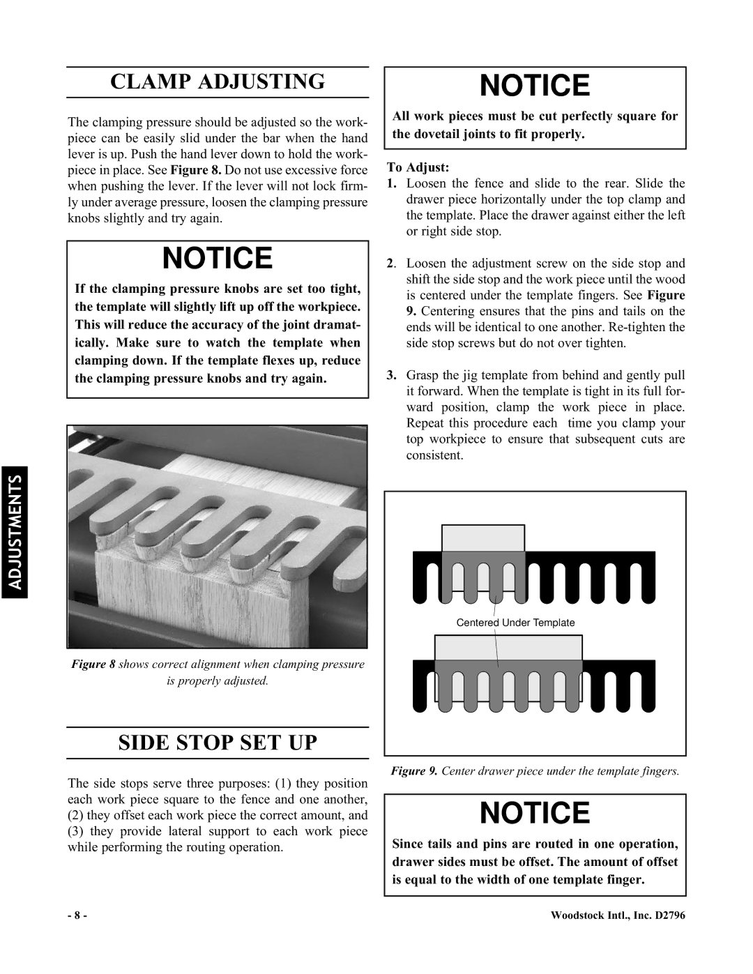 Woodstock D2796 manual Clamp Adjusting, Side Stop SET UP 