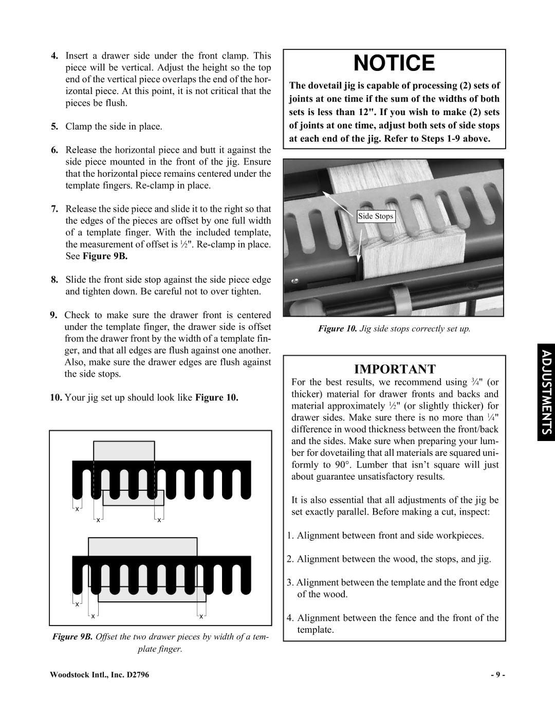 Woodstock D2796 manual Offset the two drawer pieces by width of a tem Plate finger 