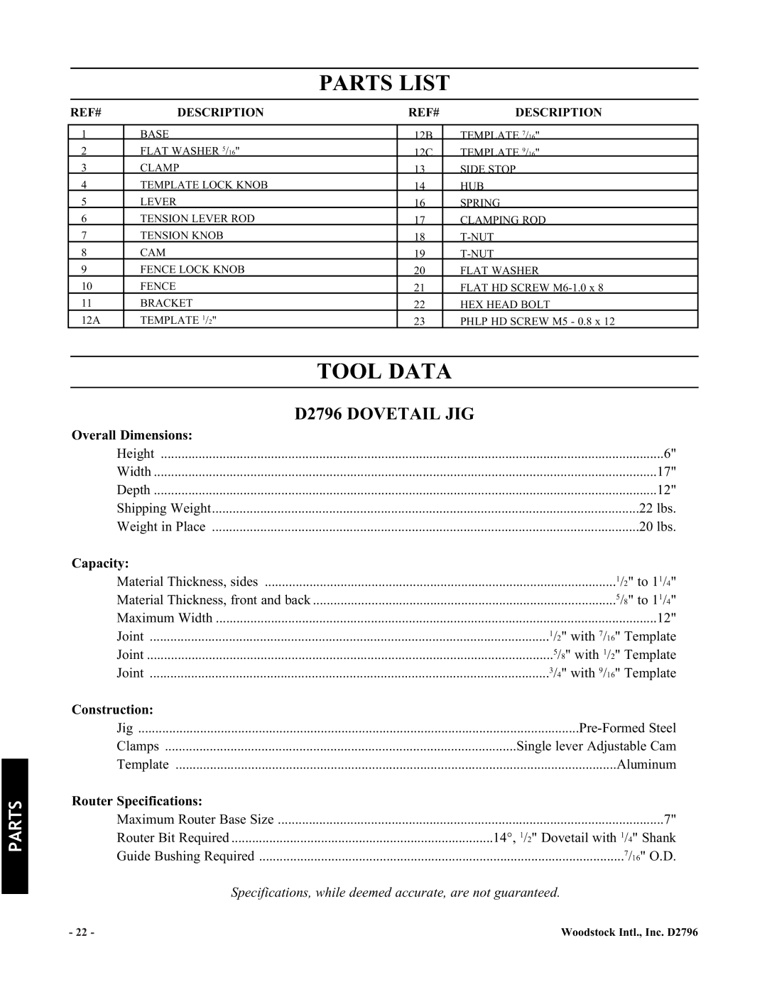 Woodstock manual Parts List, Tool Data, D2796 Dovetail JIG 