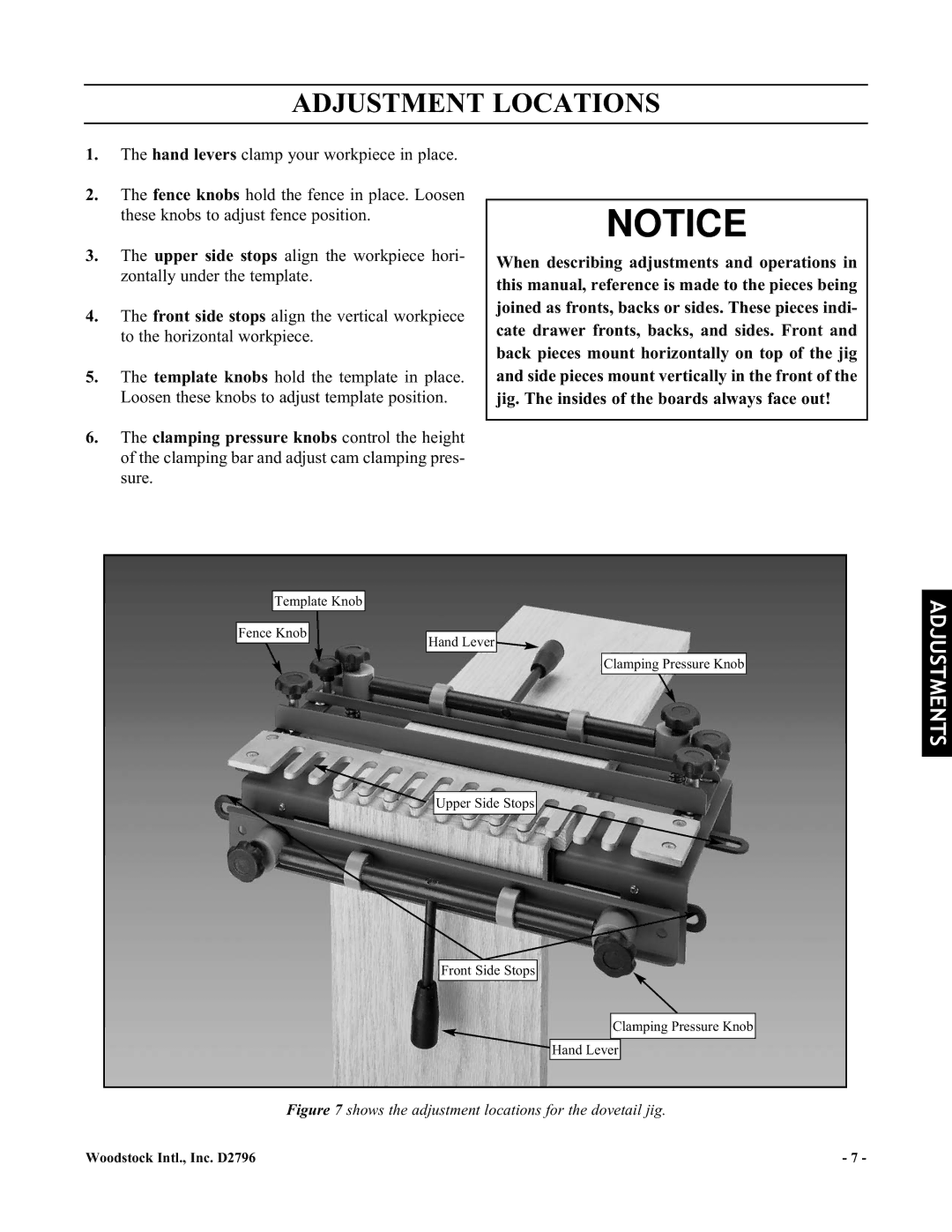 Woodstock D2796 manual Adjustment Locations, Shows the adjustment locations for the dovetail jig 