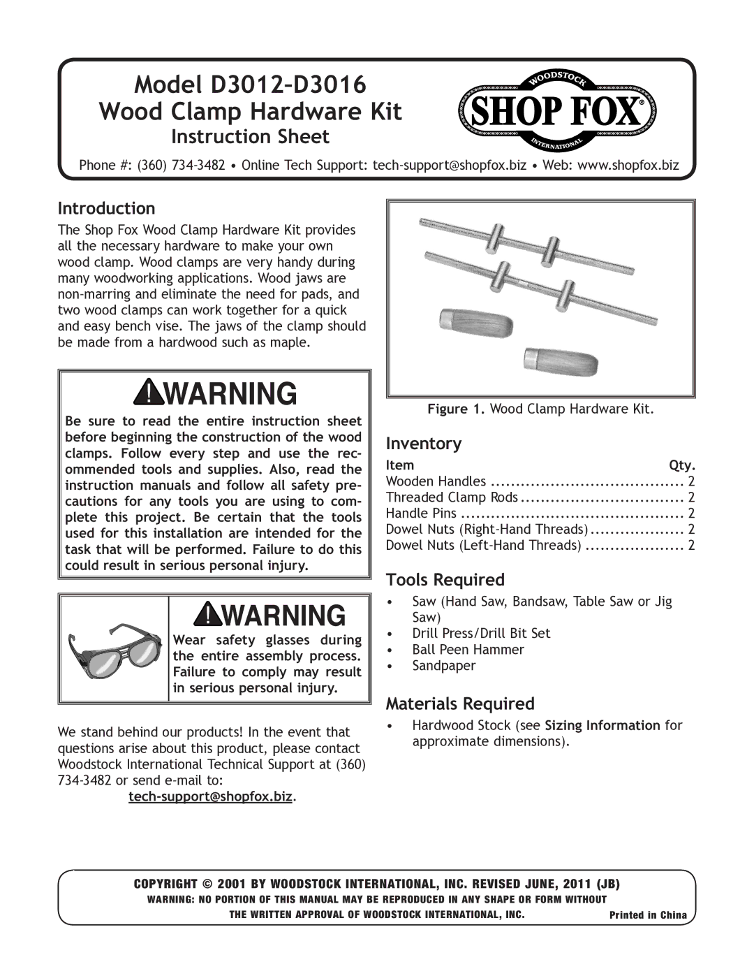 Woodstock d3012-3016 instruction sheet Introduction, Inventory, Tools Required, Qty 