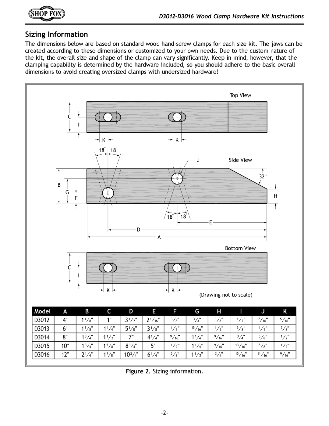 Woodstock d3012-3016 instruction sheet Sizing Information, Model 