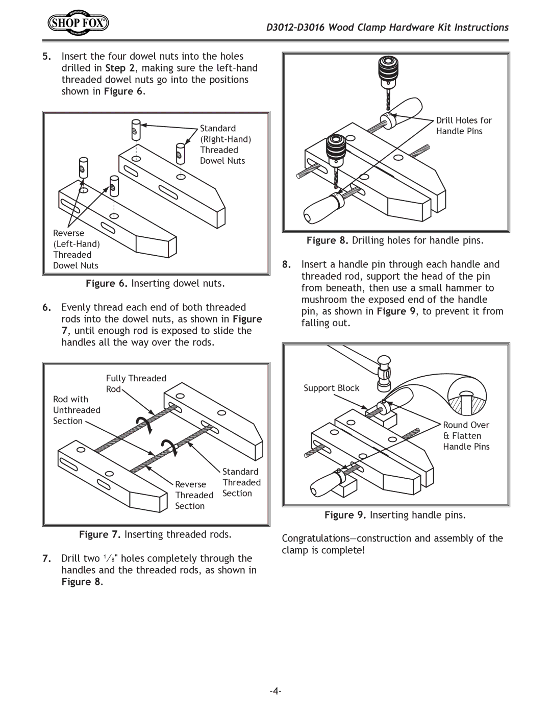 Woodstock d3012-3016 instruction sheet Inserting handle pins 