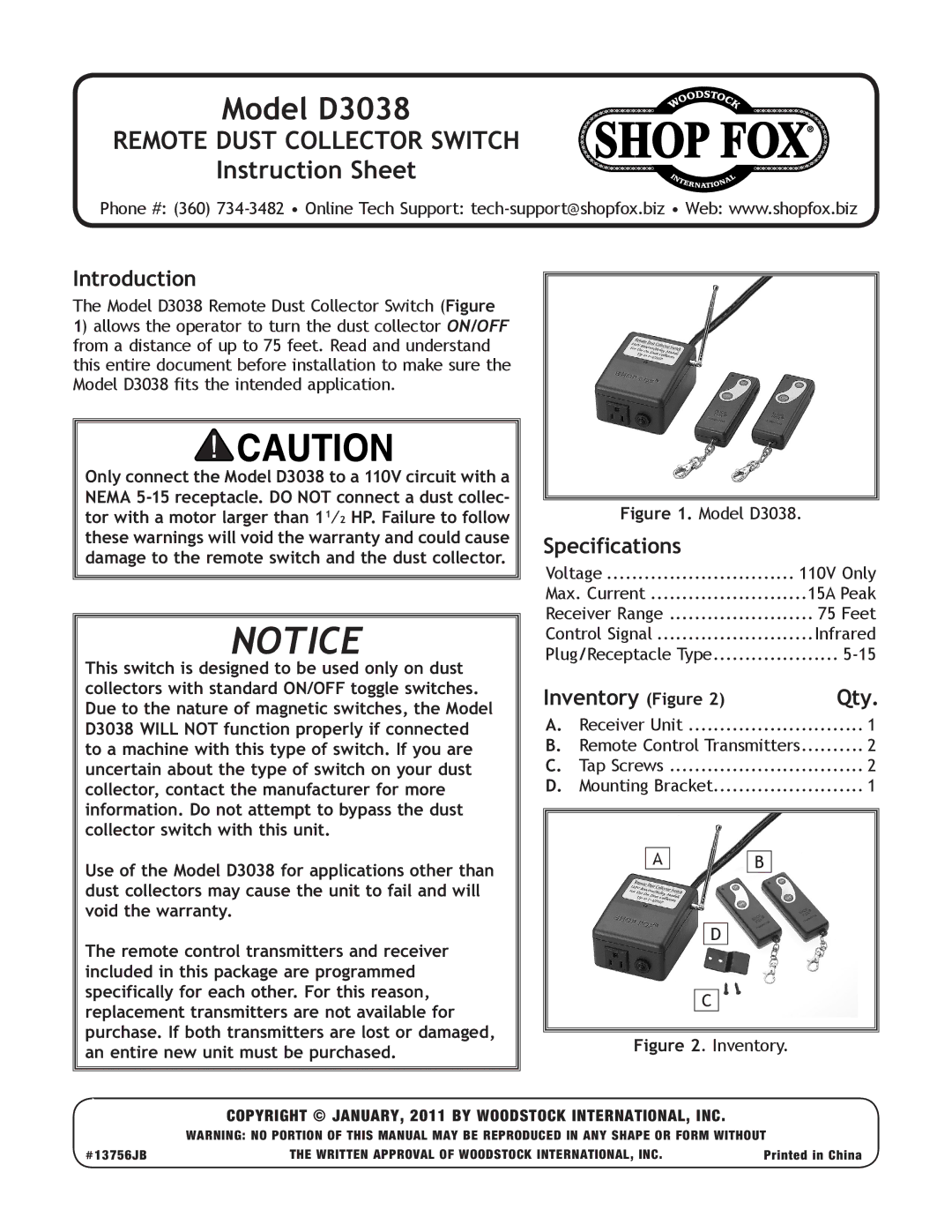 Woodstock D3038 specifications Introduction, Specifications, Inventory Figure 