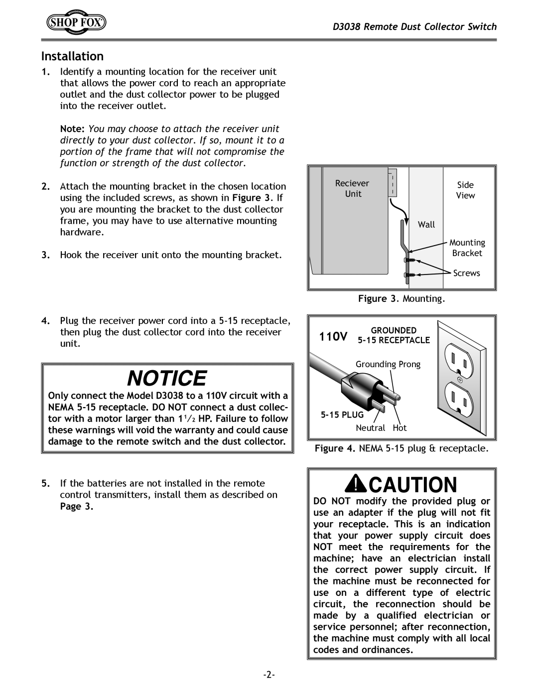 Woodstock D3038 specifications Installation, 110V 